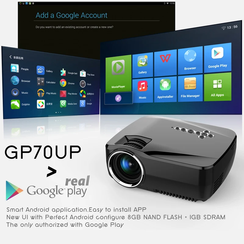 

DHL Android Mini LED Projector with Google Play GP70UP Updated by GP70 HD 1080P Proyector 1G RAM 8G ROM Bluetooth Wifi TV Beamer
