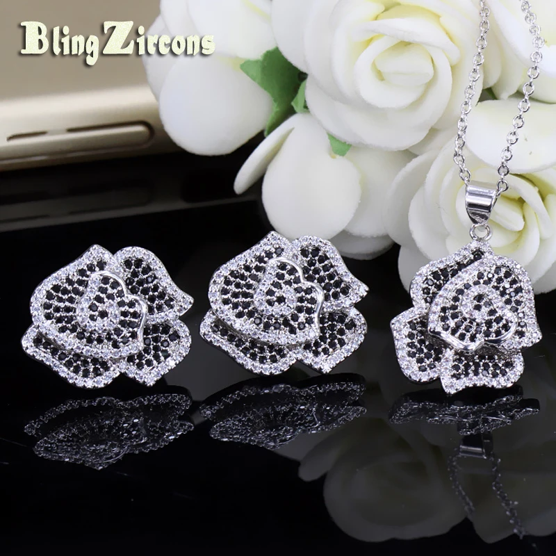 

BlingZircons Sterling Silver 925 Jewelry Black Cubic Zirconia Paved Setting Stud Earrings Set Romantic Flower Jewellery JS095