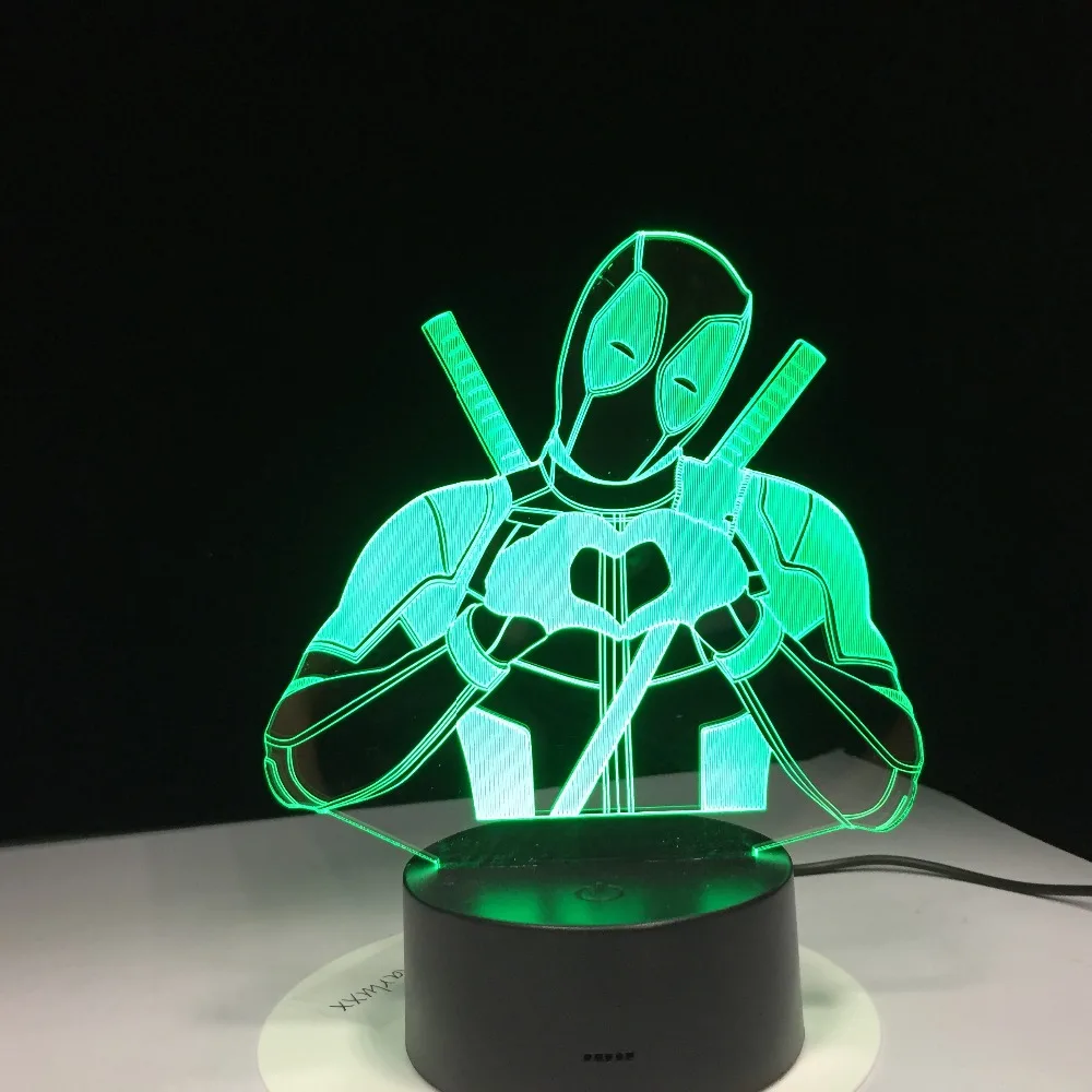 Несуразный Дэдпул с сердцем ночной Светильник 3D настольная лампа Оптическая иллюзия прикроватная лампа украшение Led Bulbing датчик движения светильник