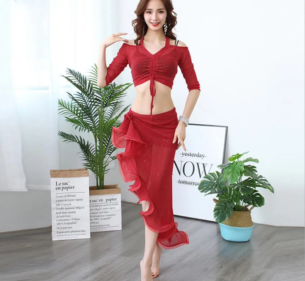 Г. летние пикантные для женщин Восточный танец наряд для практик 3 предмета живота костюм топ длинная юбка красный XL - Цвет: Shoulder Out