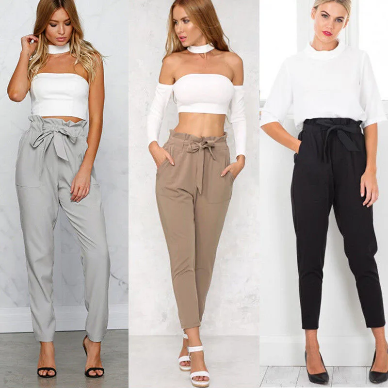 

Womens High Waist Paperbag Trousers Ladies Party Cigaratte Casual Harem Pants