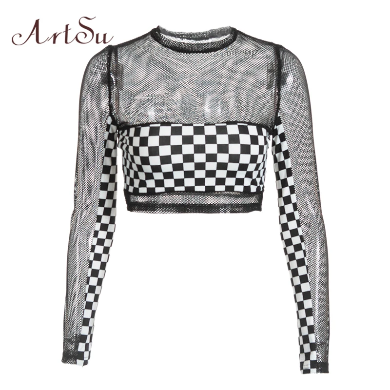 

ArtSu checkerboard Plaid Mesh Top Transparent Black Long Sleeve Tshirt Women Sexy Crop Top Workout Fitness Tops Tees ASTS20431