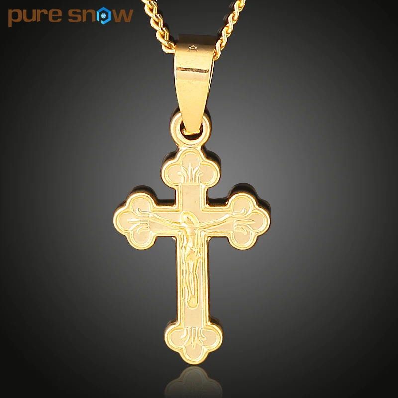 Pure Snow Gold Color Cross Pendant For Women Orthodox Religious Jewelry