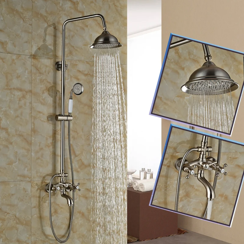 

Nickel Brushed In-wall Bathroom Outdoor Shower Set Faucet Two Handles 8" Rainfall Bath and Shower Mixers with Handshower