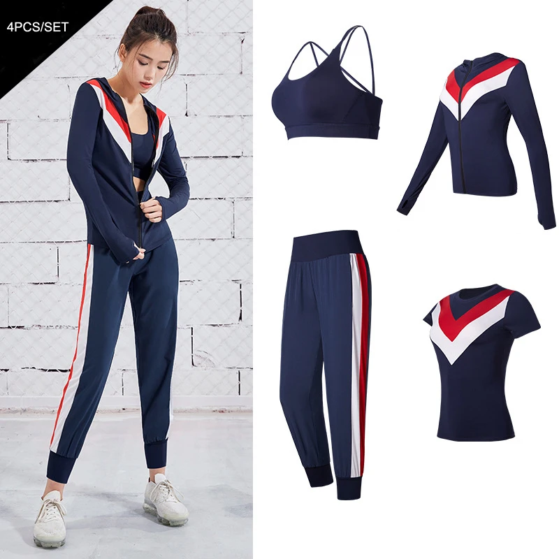 

4 Pcs Running Sets Women Tracksuits Hooded Sports Suits Training Yoga Set Gym Fitness Workout Jogging Suits Sportswear Plus Size