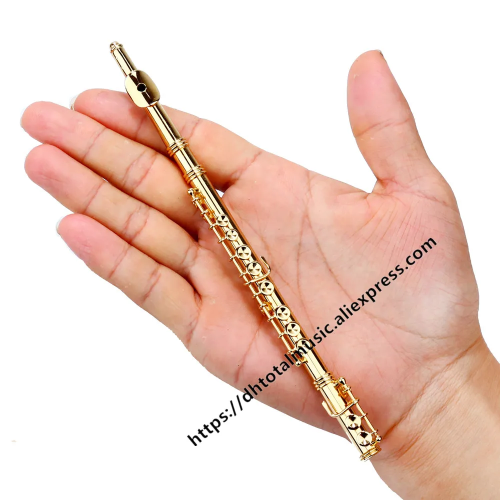 Mini Gold Plated Flute Replica Instrument Model Musical Craft Ornaments with Stand and Case for Home Desktop Decorative Miniature Flute Model 