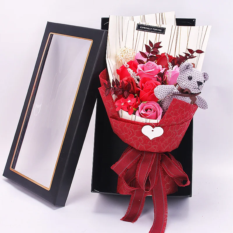 Искусственный мыльный цветок, пенопласт, цветок розы, подарок с коробкой, маленький букет роз, День Святого Валентина, креативный медведь, подарок, украшения
