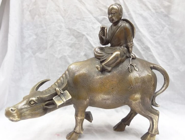 

JP S0114 12" Chinese Bronze Copper Corydon Cowboy Kid Child Ride Bull Ox Statue Sculpture