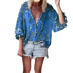 Плюс Размер Женская туника рубашка осень длинный рукав цветочный принт блузки с v-образным вырезом и топы с пуговицами Большие размеры