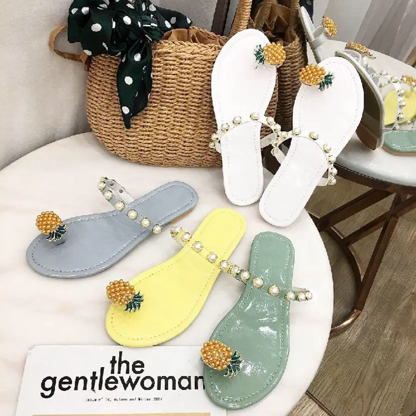 

2019 Woman Summer Slippers New Korean Version Cute Sweet Open Toe Pineapple Lace Pearl Decor Flat Sandals Flip Flops Slides