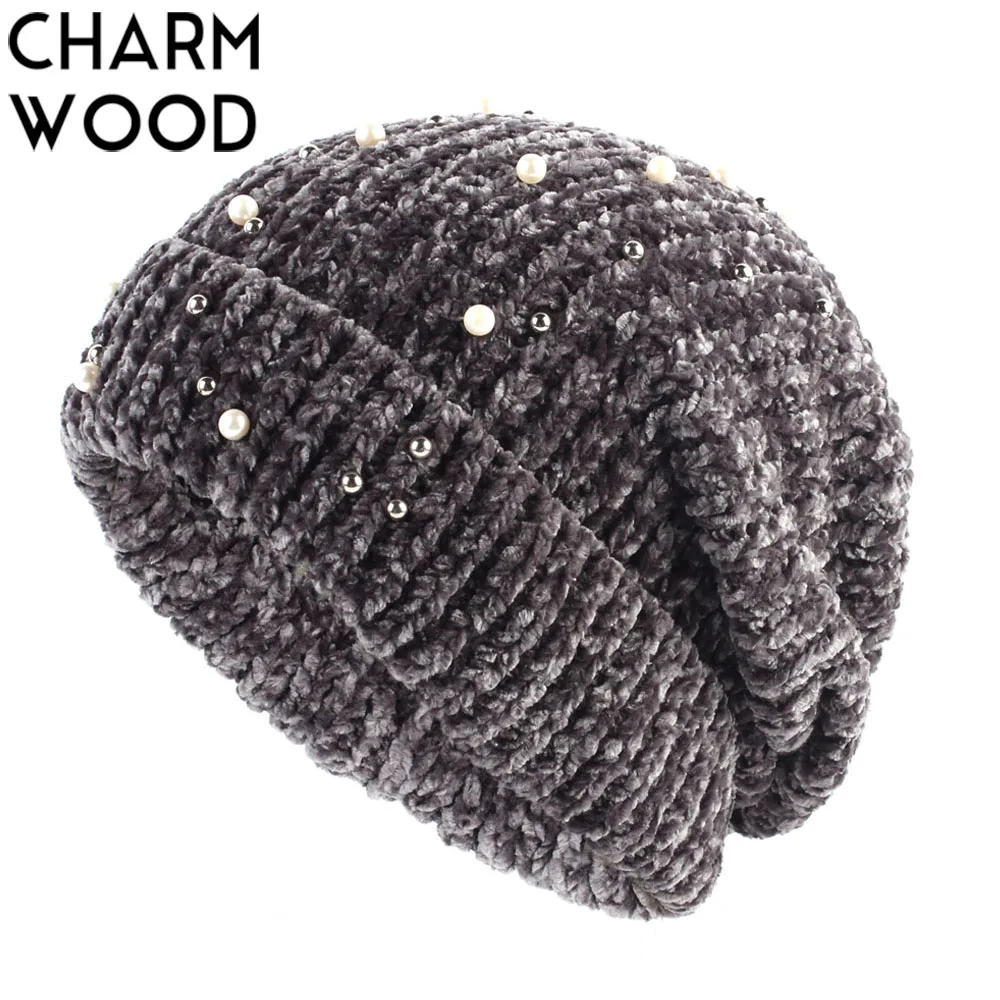 

Women's Beanie Winter Plain Crochet Pearls Slouchy Beanies for Women Velour Thick Soft Skullies Hat Balavaca Bonnet DQ844C
