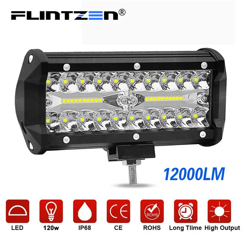 

Flintzen 7inch 120w 40pcs LED chip work light bar combo beam car Driving lights for Offroad truck motorcycle ramp lamp DC9-30V