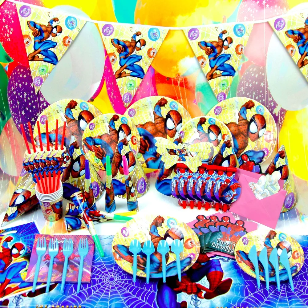 

116/lot 12 people New Kids Birthday Party Decoration Set Birthday spider super man Theme Party Supplies Baby Birthday Party Pack