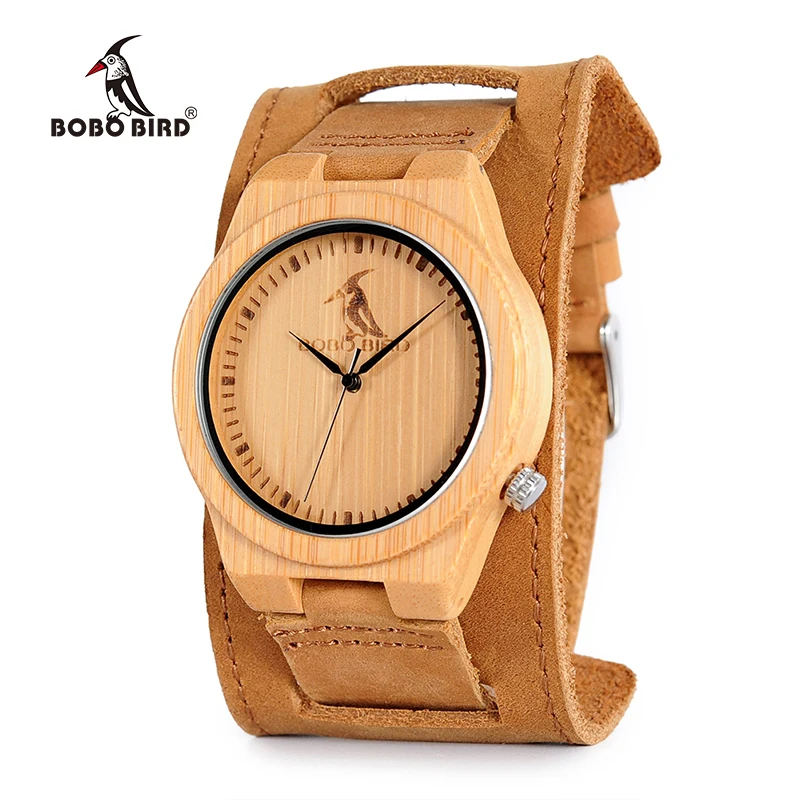 BOBO BIRD Wooden Wristwatch Mens Bamboo Dial Brown Leather Quartz Watch in Gift Box Logo Customization Available Male hodinky