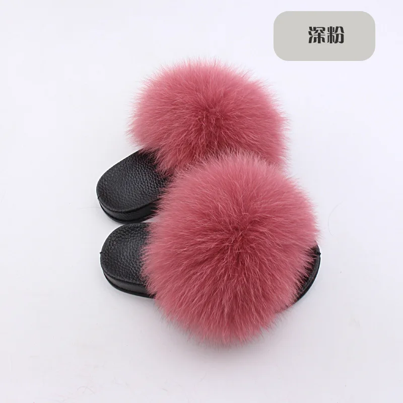 Wholesale Real Fox Slippers Kids Rainbow Neon Color Toldder Fur Child Home Slides Girls Raccoon Super Fluffy Cute Flat Summer