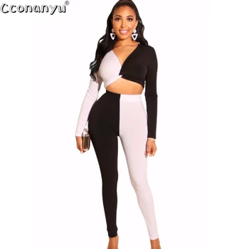 

Women Set 2019 Two Piece Set Top and Pants Long Sleeve Crop Top 2 piece outfits for women Patchwork Sexy Slim High Waist