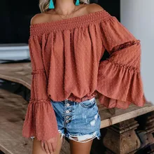 Women Tops Sexy Girl's Elegant Boat Neck Trumpet Sleeve Loose Long-sleeved Chiffon Solid Color Casual Holiday Party Tops