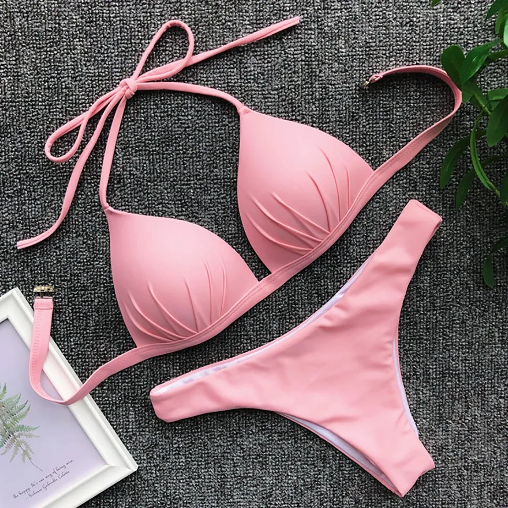 Женский однотонный купальник-бикини флуоресцентного цвета, купальник с заниженной талией, комплект из двух предметов, кружевной купальник, Бразильская пляжная одежда, костюм пуш-ап