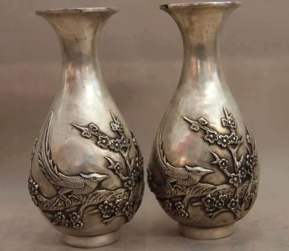 

China White Copper Silver Plum blossom Flower Bird Blessing Fu Pot Vase Pair SD 506