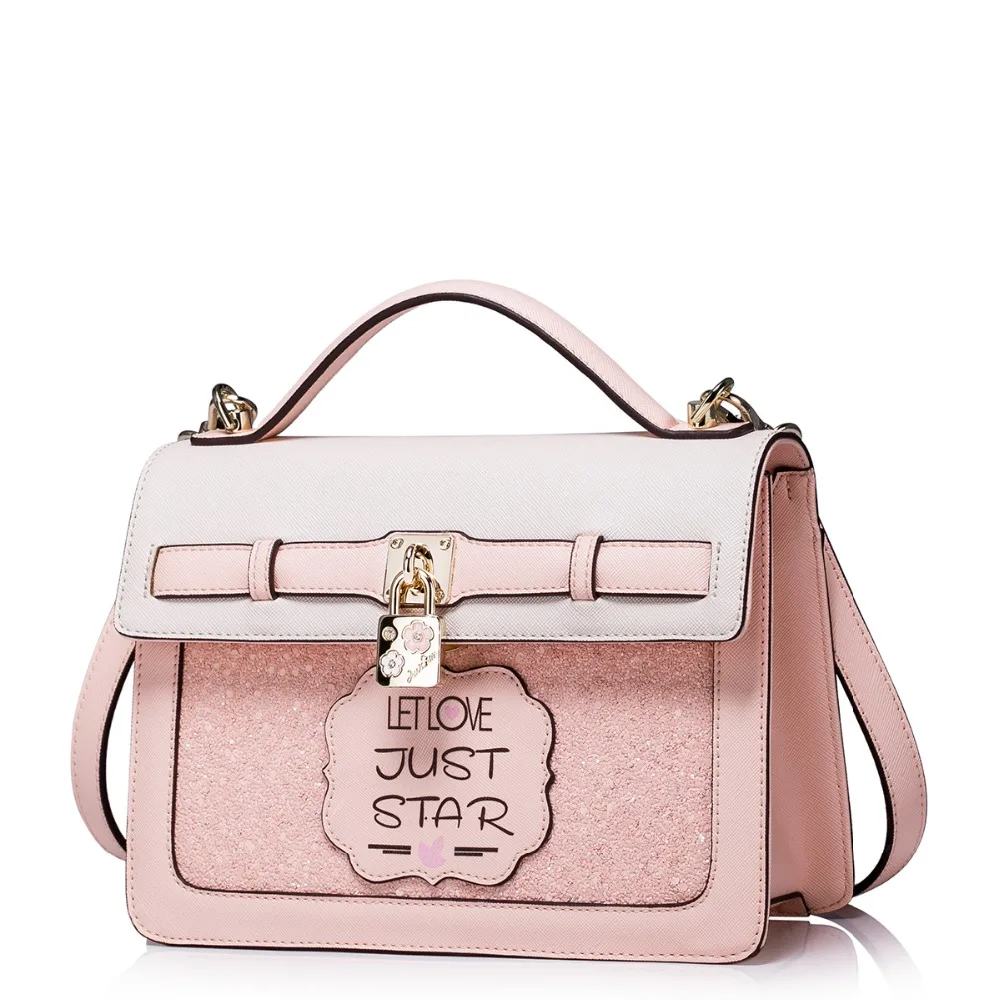 Women s Padlock Charm Paillette Convertible Pink font b Leather b font Tote font b Handbag