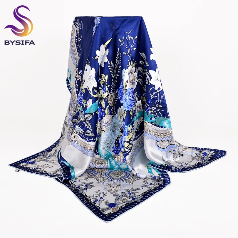 

[BYSIF] Blue White Silk Scarf Shawl New Chinese Style Foral Design 100% Pure Silk Women Scarves Wraps Spring Autumn Headscarf