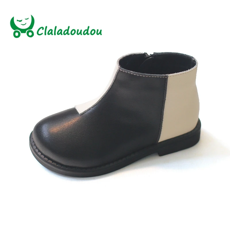 

Claladoudou 13.5-18.5CM Brand Genuine Leather Toddler Girl Boots Black and White Patch Princess Fashion Boots Baby Dress Shoes