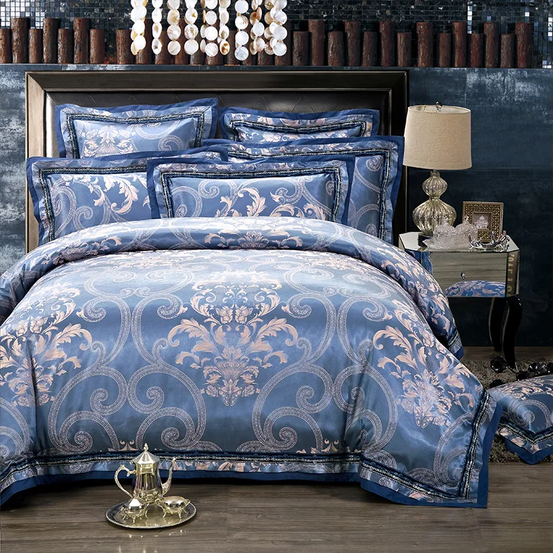 4/6 Pieces Luxury aqua Blue duvet cover king size Jacquard embroidery