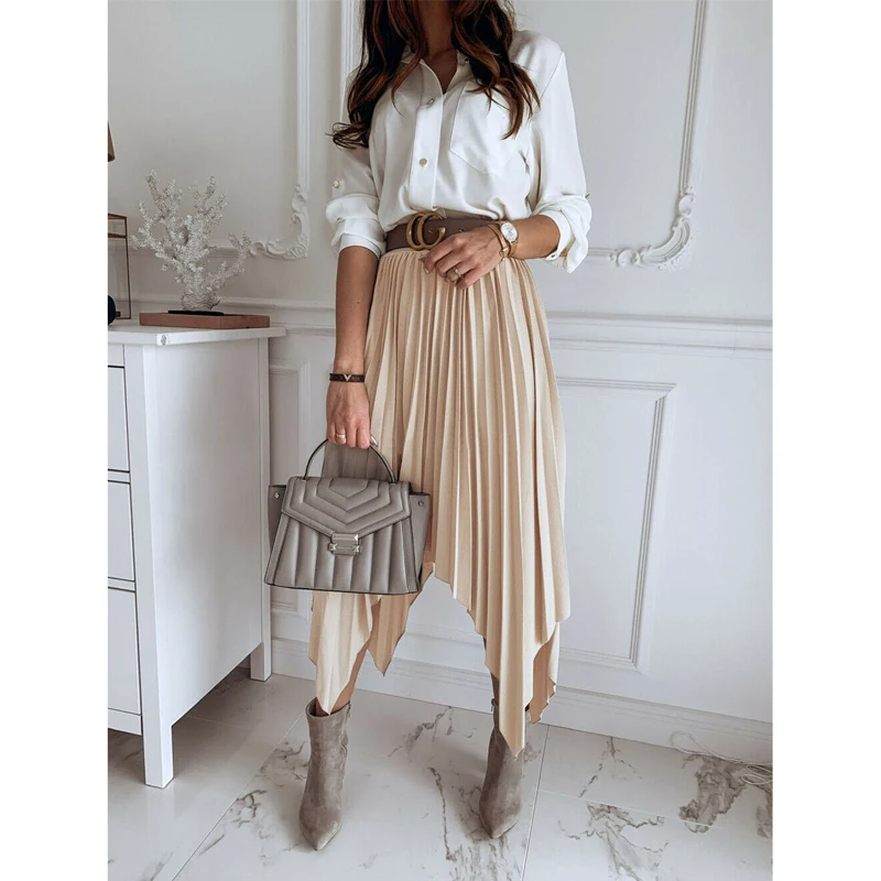 

High Waist Pleated Skirt No Belt Women Ladies Tuxedo skirt elastic waist party casual skirts jupe femme