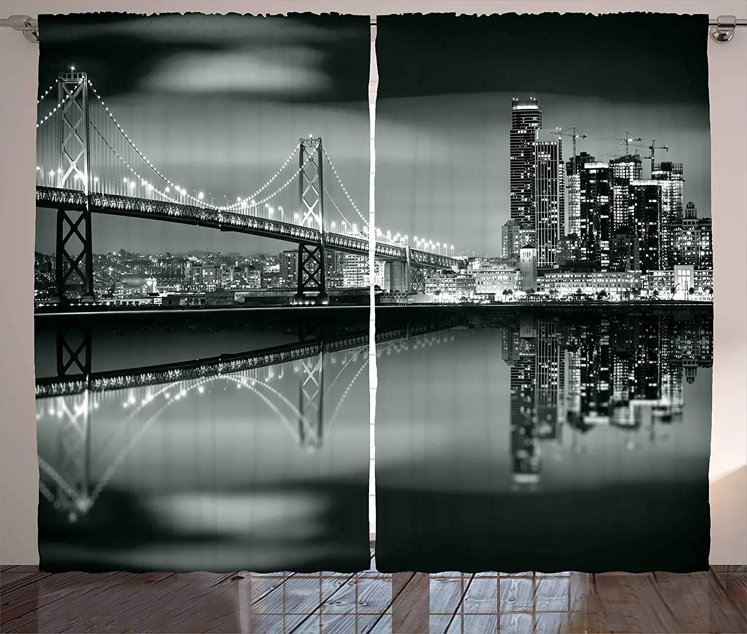 

Black and White Decorations Curtains San Francisco Bay Bridge Metropolis Panorama Skyscrapers Living Room Bedroom Window Drapes