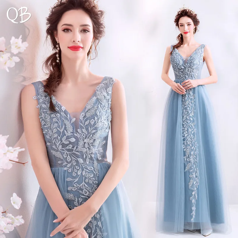 A-line V-neck Tulle Lace Flowers Beading Luxury Formal Blue Long Evening Dresses Bride Banquet Party Prom Dress XK379