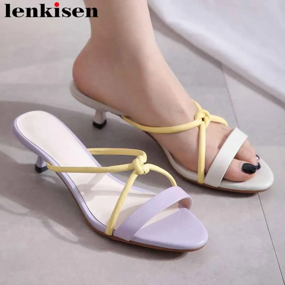 

Lenksien mixed colors full grain leather thin med heels slip on women sandals peep toe summer wedding party casual shoes L01