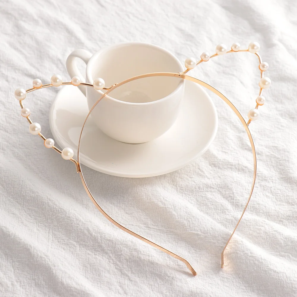 

Cute Girls Pearl Hair Hoop Gold Metal Rhinestone Cat Animal Ear Headband Hair band Women Fashion Hair accessories Costume Party