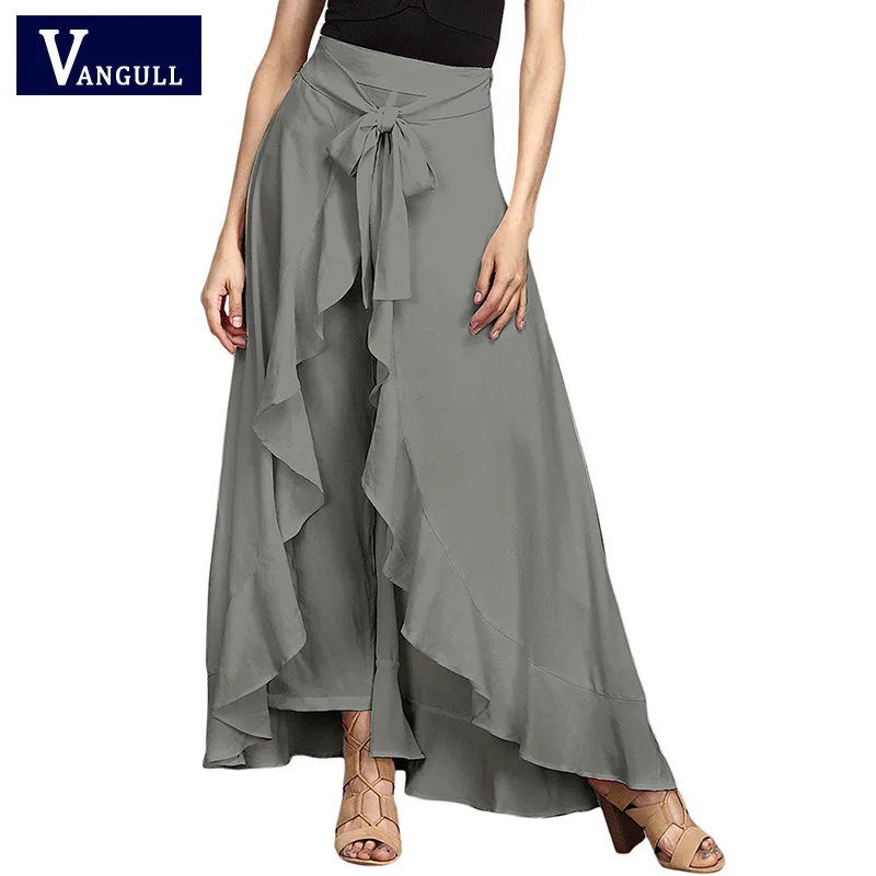 Women wrap skirts ankle length casual sashes ruffle hem wide leg loose pants elegant skirts pure color Summer fashion