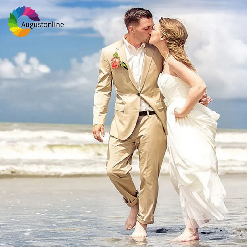 

Custom Made Beach Wedding Suit Men Khaki Groom Tuxedo Slim Fit Best Man Blazers 2Piece Groomsmen Jacket Pants Terno