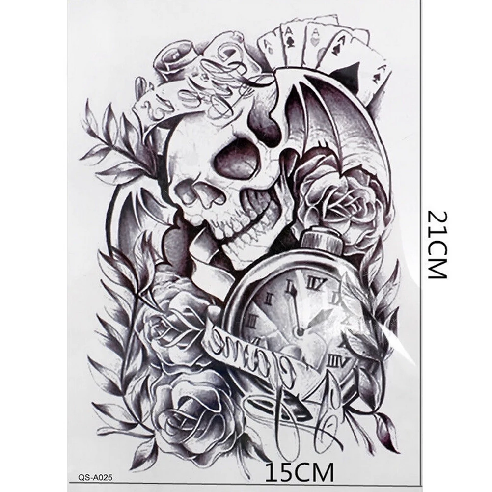 123 31 De Réductioncorps Bras Manchon Adhésif Faux Tatouage Ancienne Horloge Mort Crâne Punk Rose Temporaire Tatouage Autocollants Pour Hommes