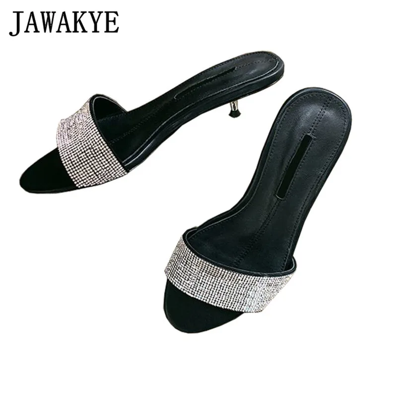 

JAWAKYE Summer Rhinestone Slippers Women Open Toe Low Heels Woman Shoes Leather Crystal kitten Heels Shoes Women Casual Shoes