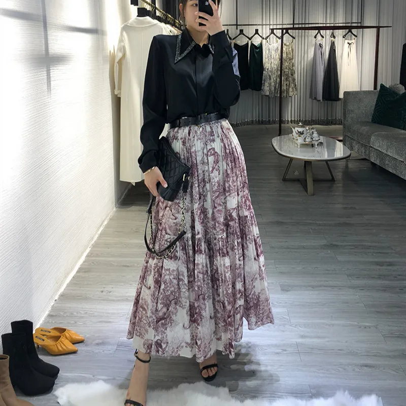 

Women animal leopard print long skirt big hem pleated Maxi skirts new 2019 spring Summer High Waist Brand Runway Skirt Red