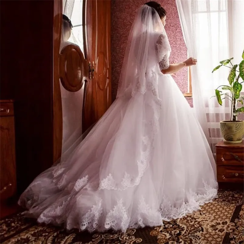 Gorgeous Half Sleeves Ball Gown Wedding Dresses 2019 Sheer Scoop