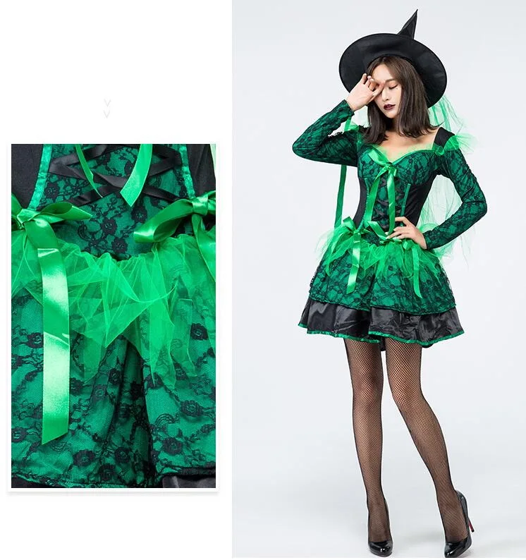 Костюмы ведьм на Хеллоуин, Рождественская Карнавальная одежда, зеленое короткое платье+ шляпа, костюм феи для взрослых, костюм злой ведьмы, косплей, праздничное платье