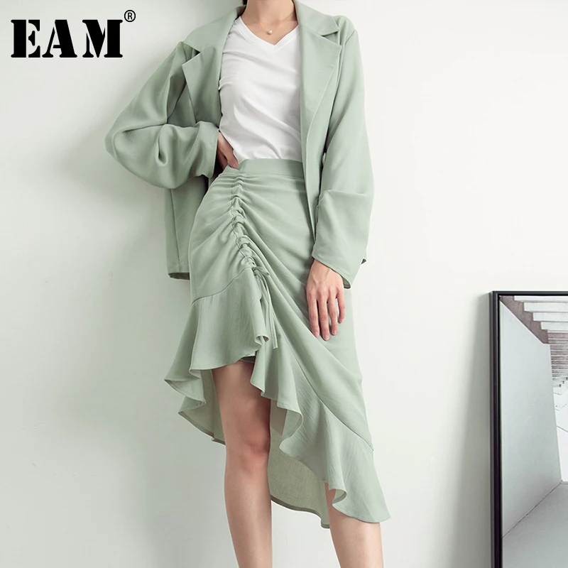 

[EAM] 2019 New Autumn Winter Lapel Collar Long Sleeve Pleated Ruffles Half-body Skirt Two Piece Suit Women Fashion Tide JY379