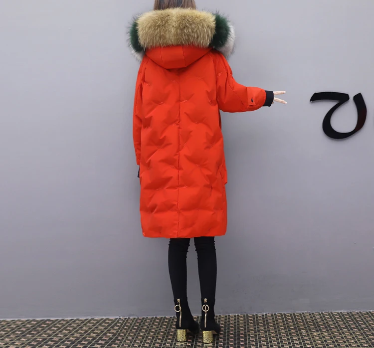 Пальто с гусиным пером, пуховик для женщин, парка с капюшоном, Воротник из натурального меха, тонкая теплая верхняя одежда на утином пуху,, толстое корейское пальто OKD731