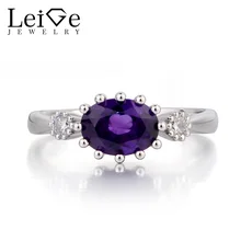 Leige Jewelry Wedding Ring Real Natural Amethyst Ring February Birthstone Oval Cut Purple Gems Solid 925 Sterling Silver Ring