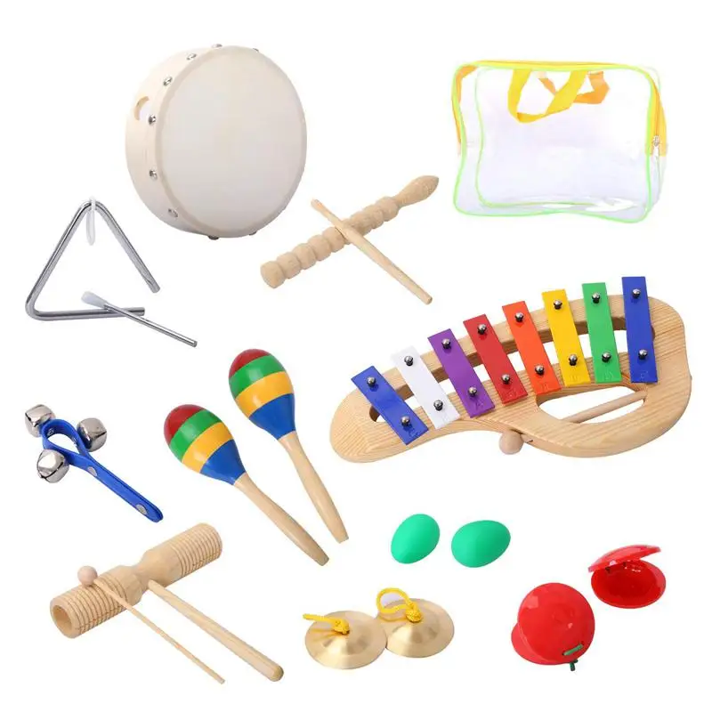 

Percussion Set Musical Instruments Enlighten Toys Tambourine Bells Maracas Glockenspiel Castanets 10PCS with Carrying Case for