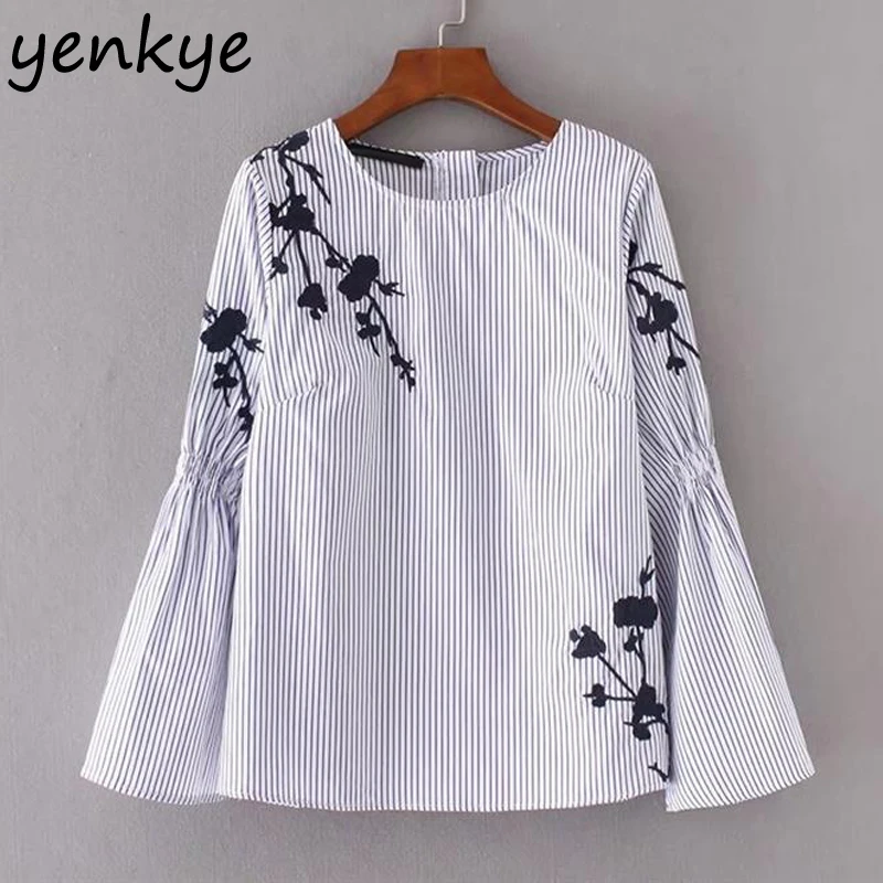 Ceny Europejski Styl Kobiety Kwiatowym Haftem Bluzka O Neck Z Długim Rękawem Casual Loose Pullover G oacute;ry Jesień Rocznika Paski Bluzki YD8392