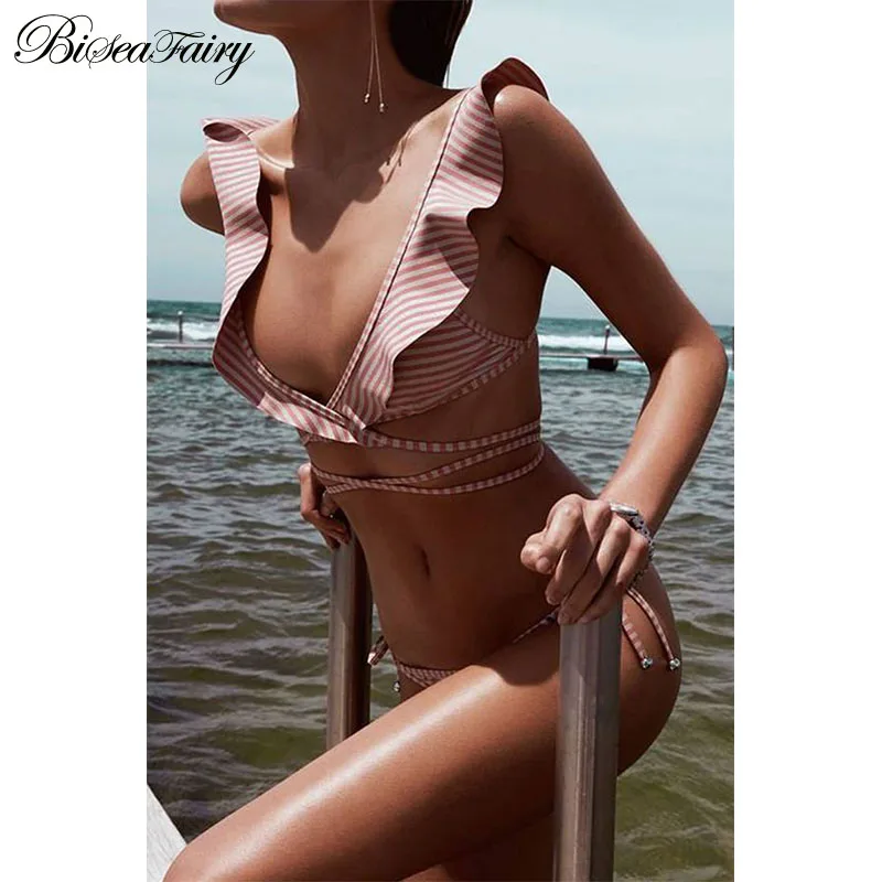 Женский купальник с оборками Biseafairy бразильский бикини принтом в полоску новинка