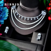 Hibride Роскошь 3 слоя ожерелье из жемчуга и AAA кубический циркон Для женщин Ювелирные наборы для невест, для вечерние аксессуары ювелирные подарки N-942