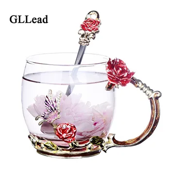 

GLLead High-Quality Enamel Glass Coffee Mug 350ml Glass Cups With Handle And Spoon Fashion Home Black Tea Teacup Novelty gift