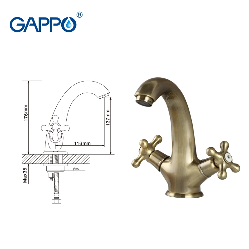 GAPPO 1set High Quality Basin sink Faucet Bronze Plating Double Handle Cold Hot Water Mixer Retro Style Solid Brass bodyGA1063-4