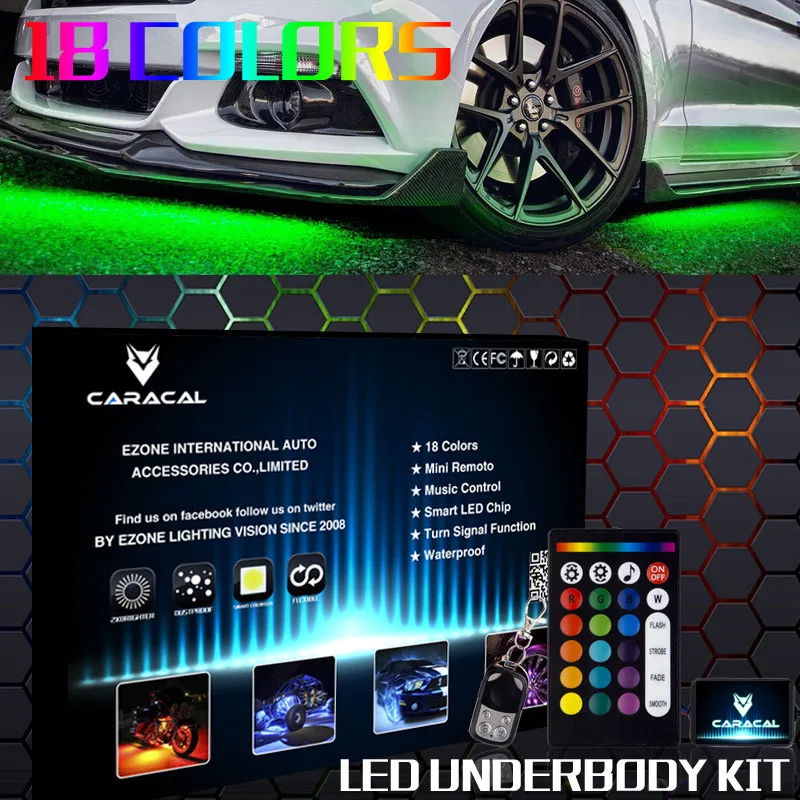 

18 Colors CARACAL Car LED Underbody Glow Neon Strip Lights Remote Kit with Stop Function