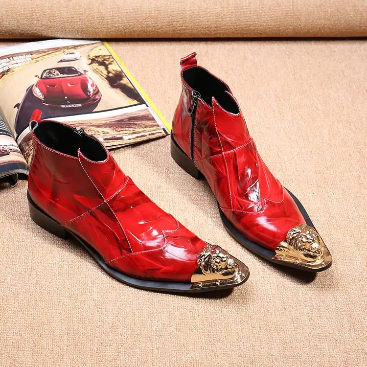 Западные мотоцикла ковбойские ботинки Мужские ботинки платье обуви Челси британский стиль красный мужские полусапоги из натуральной кожи оксфорды